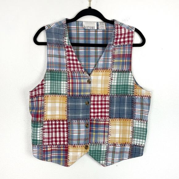Vintage Casey & Max Vest Patchwork Plaid Striped Cotton Waistcoat Large Unisex - Picture 2 of 4
